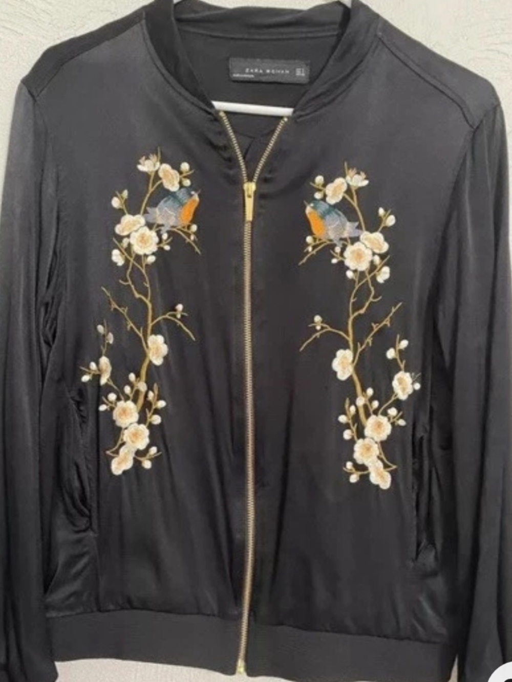 Zara Woman Black Satin Bomber with Floral Embroidery birds
